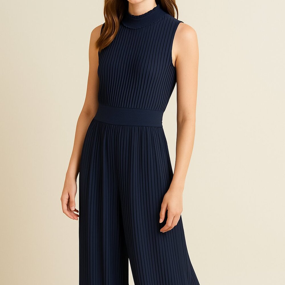 Nanette Lepore Navy Blue Sleeveless Jumpsuit Accordion Pleated Wide Leg Holiday